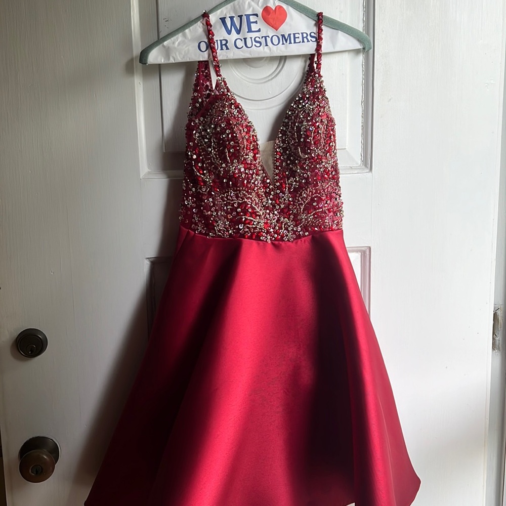 JVN by Jovani Burgundy Beaded Prom Dress